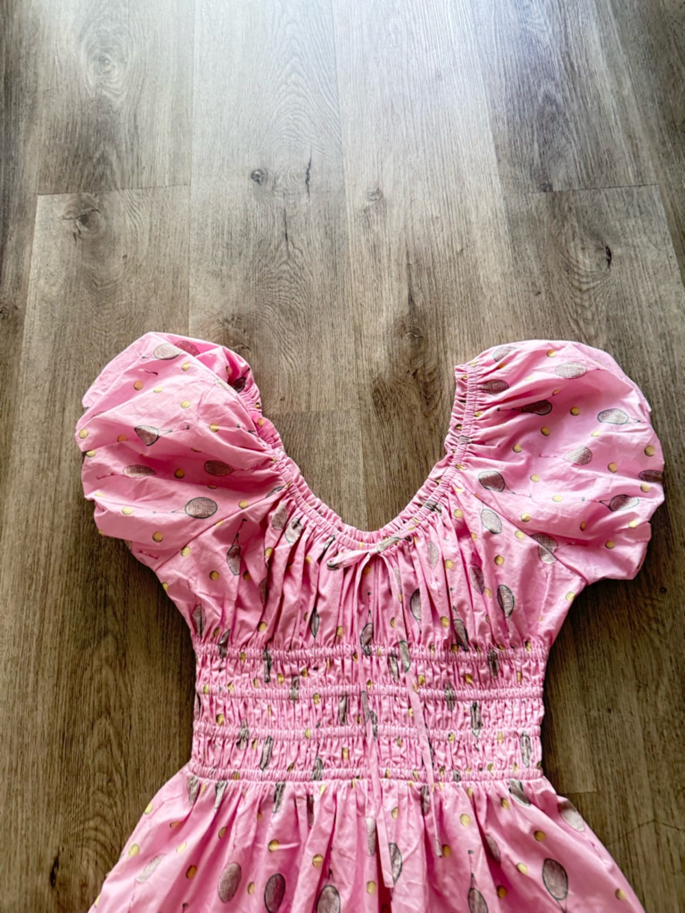jacquie the label pink tennis racket print puff sleeve smocked mini dress small - Picture 4 of 5